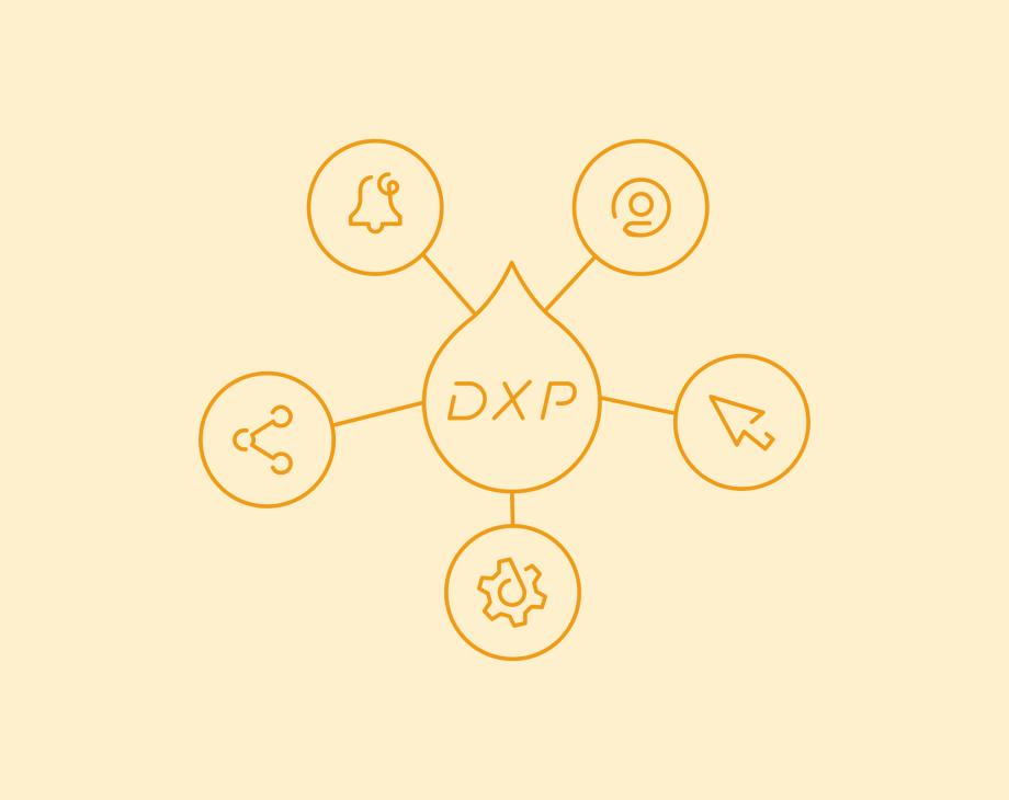 Drop with the letters "DXP" and spokes leading to UI icons